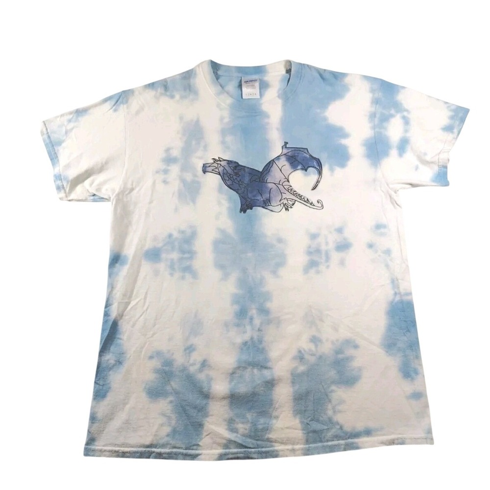 Gildan Blue Tie Dye Dragon Graphic T-Shirt Mens Large Heavy Cotton Short Sleeve